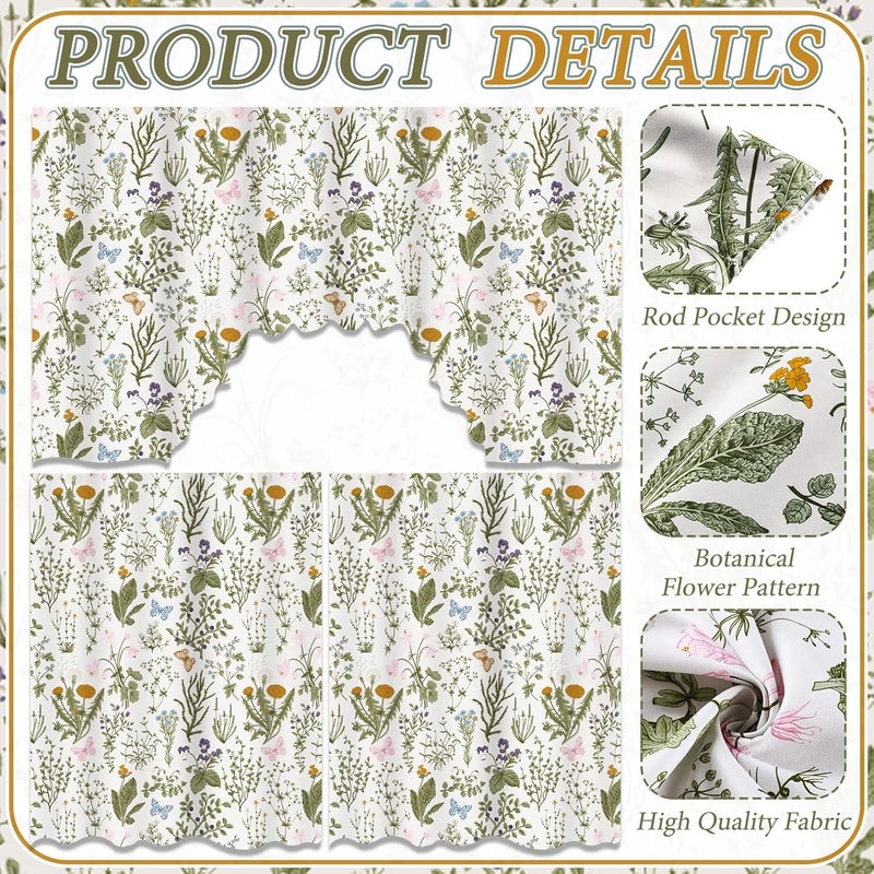 Remagr Spring Kitchen Curtains 3 Pieces Set Plants and Flowers Window Curtains and Valance for Kitchen Bedroom Living Room Cafe Windows Spring Home Decor 60'' x 36'' Valance & 36'' x 30'' x 2 Panels - Image 5